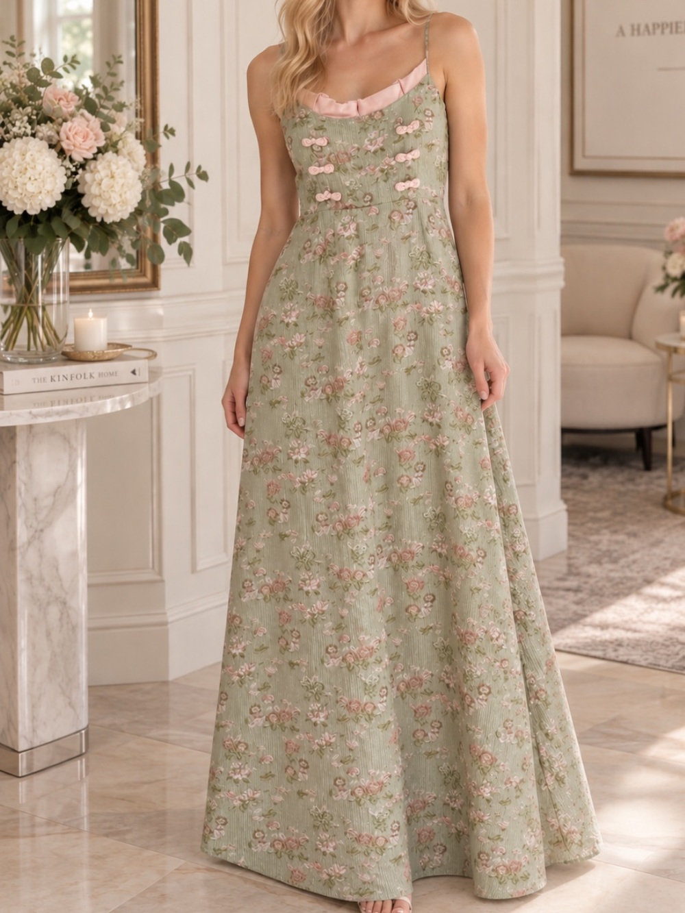 Sau Lee Floral Jacquard Maxi Dress Sage Green Pink Size 12 Altered